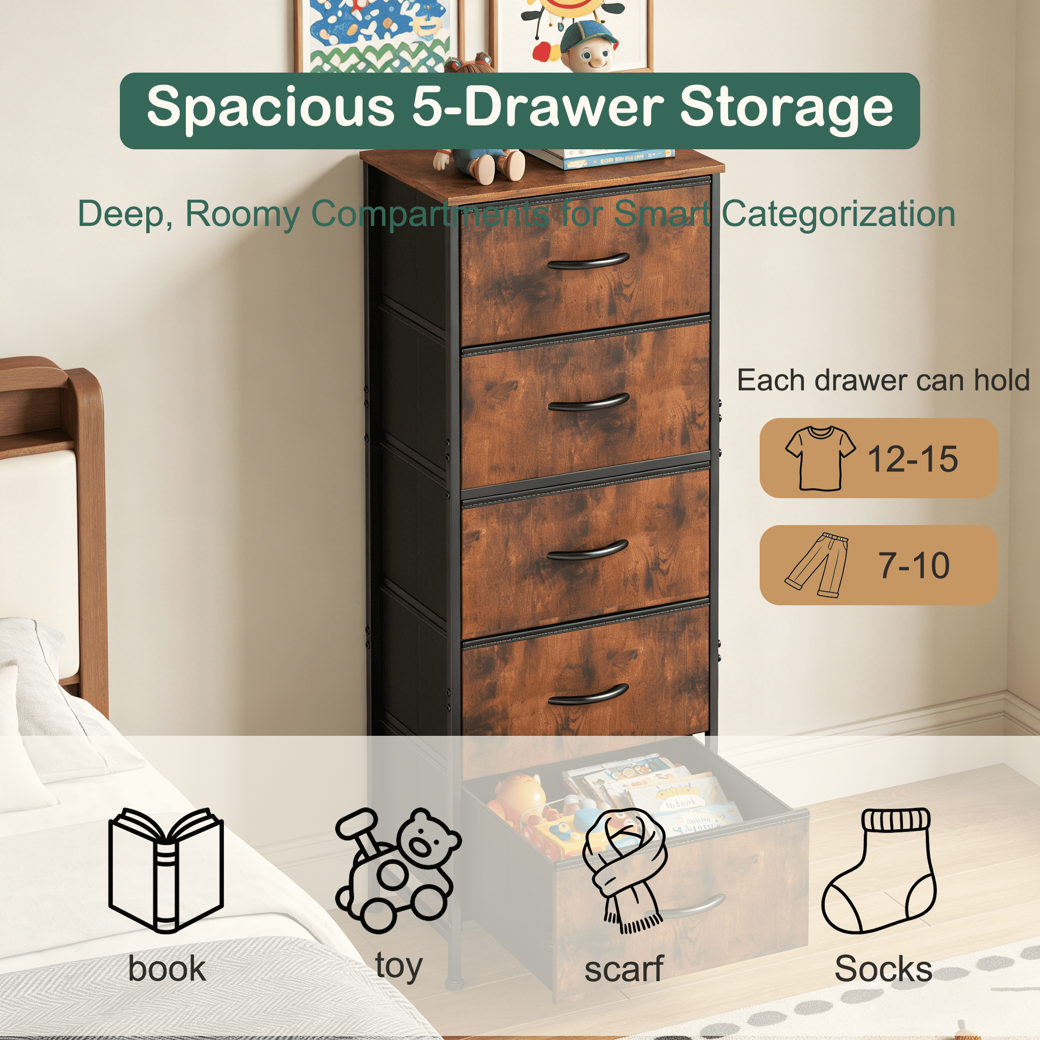 Aidoly 5-Tier Fabric Drawer Storage Organizer with Solid Surface Top - Multi-Functional Bedside & Room Organizer, Brown