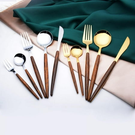 

Stainless Steel Campstrix Wooden Shank Scoop Japanese Western Food Row Dessert Fruit Fork Stir Spoon Tableware Gold Handle Small Fork