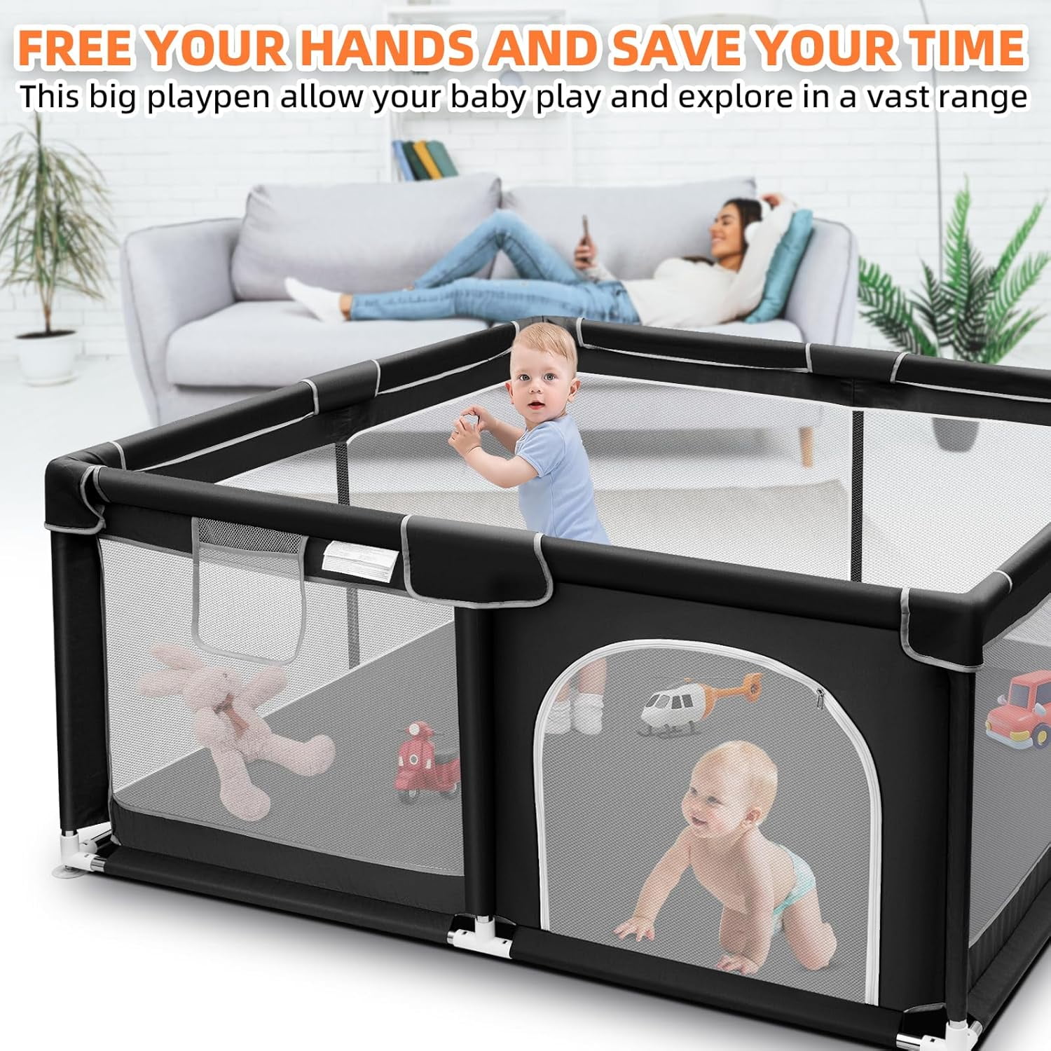 kmaier Baby Play Yards 360° Visual Playpen,Handle and Storage Bag Attached, Black