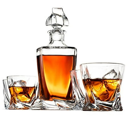 Crystal Whiskey Decanter Set - High-End 5-Piece Whiskey Decanter Set, Weighted Bottom European Design 12 oz whiskey Glasses 100% Lead Free Crystal Clear For Scotch Liquor Bourbon Etc. with Gift