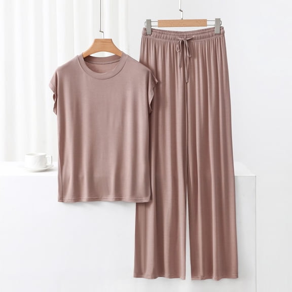 QUNYINEY Soft Pajamas for Women Set 2 Piece Short Sleeve Yellow Cotton Top And Pants Casual Crew Neck Loungewear for Women