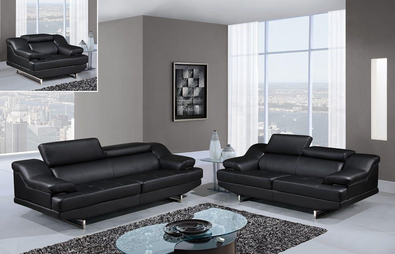 BLACK Bonded Leather Sofa Set 3Pcs Global United U8141 BLACK ...