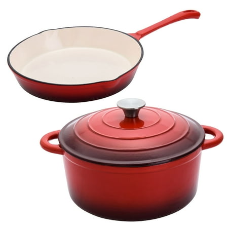 Hamilton Beach 5.5 Quart Red Enamel Cast Iron Dutch Oven & 10" Frying Pan w/ Lid