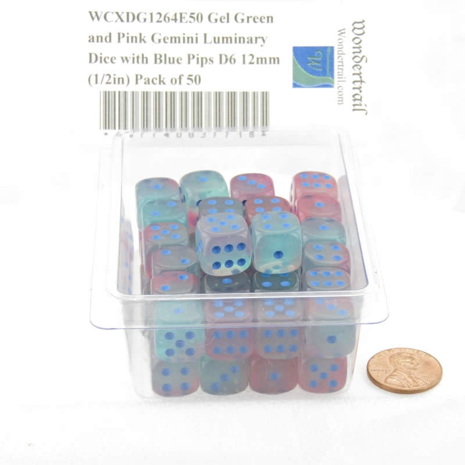 Gel Green and Pink Gemini Luminary Dice with Blue Pips D6 12mm (1/2in) Pack of 50 Wondertrail