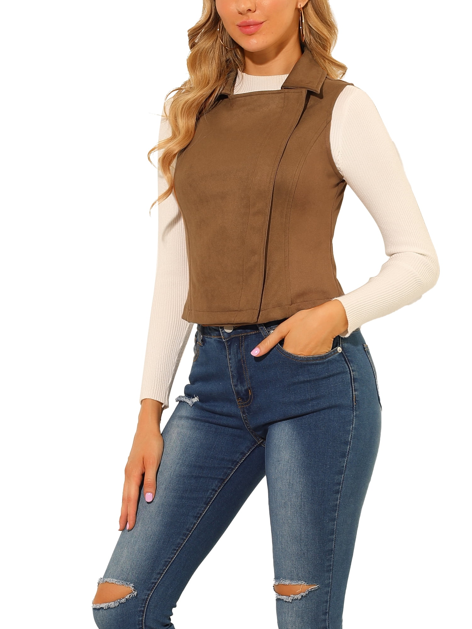 DARING DIVA Women's Faux Suede Female Short Jacket Outwear Vest M Camel