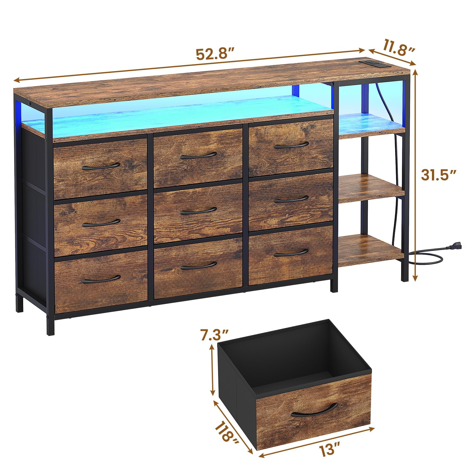 Afuhokles 9 Drawers Dressers for Bedroom with LED Lights and Powers Outlets,TV Stand for 55, 60 Inch TV, Entertainment Center with Drawers and Open Shelves, Rustic Brown