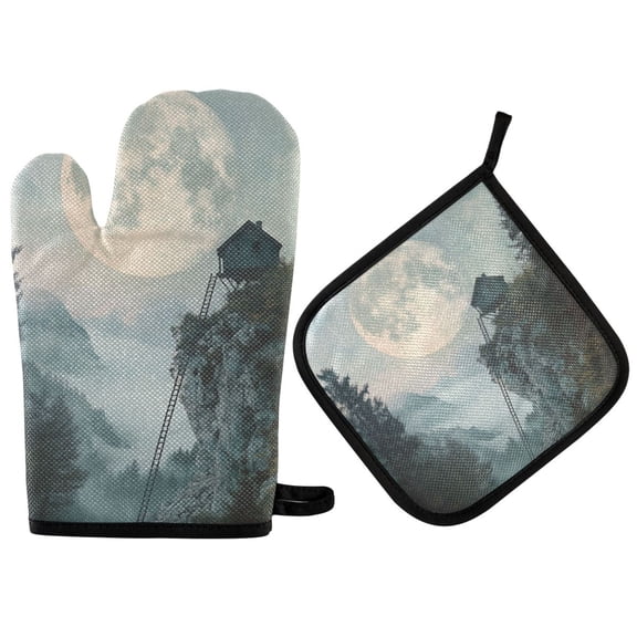 Yayeee Oven Mitts and Pot Holder Set of 2 Heat Resistant Kitchen Gloves Baking Hot Pad, Moon and House