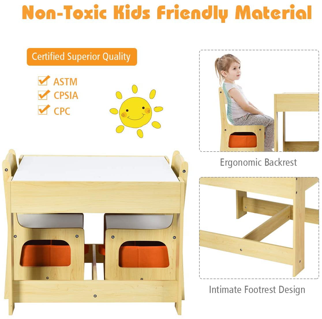 Sandinrayli 3-in-1 Wood Kids Table and 2Chairs Set Blackboard for Toddlers Playing Reading 3-Piece Kiddy-Sized Furniture Children Activity Desk with Stroage Drawer and Box Drawing