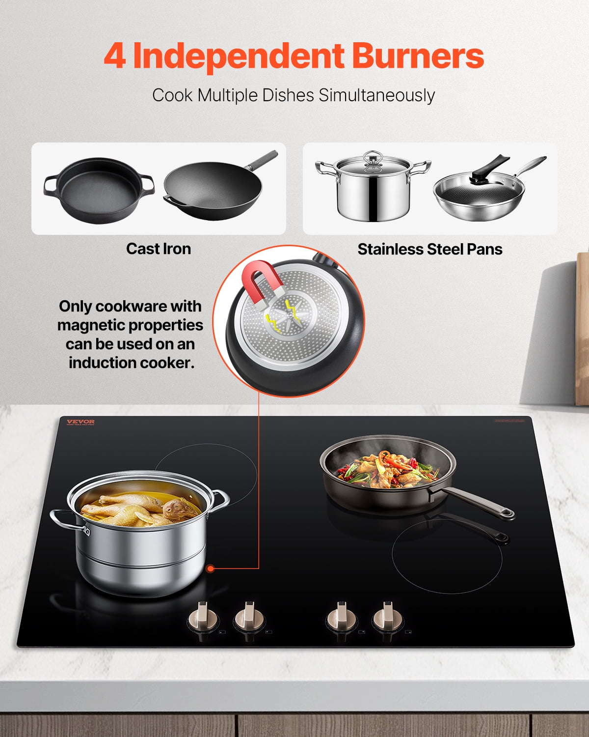 VEVOR Induction Cooktop, 6600W Electric Countertop Burner, 4 Burner Knob Control Stove, Built-in Induction Cooktop with 12 Temperature Settings, Glass Surface, Auto Shut-Off