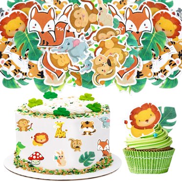 VioraWhite 44 PC Safari Animal Cake Topper Set - 12 Dinosaur Figures, 16 Party Hats, 16 Pom Poms For Jungle Birthday Decor