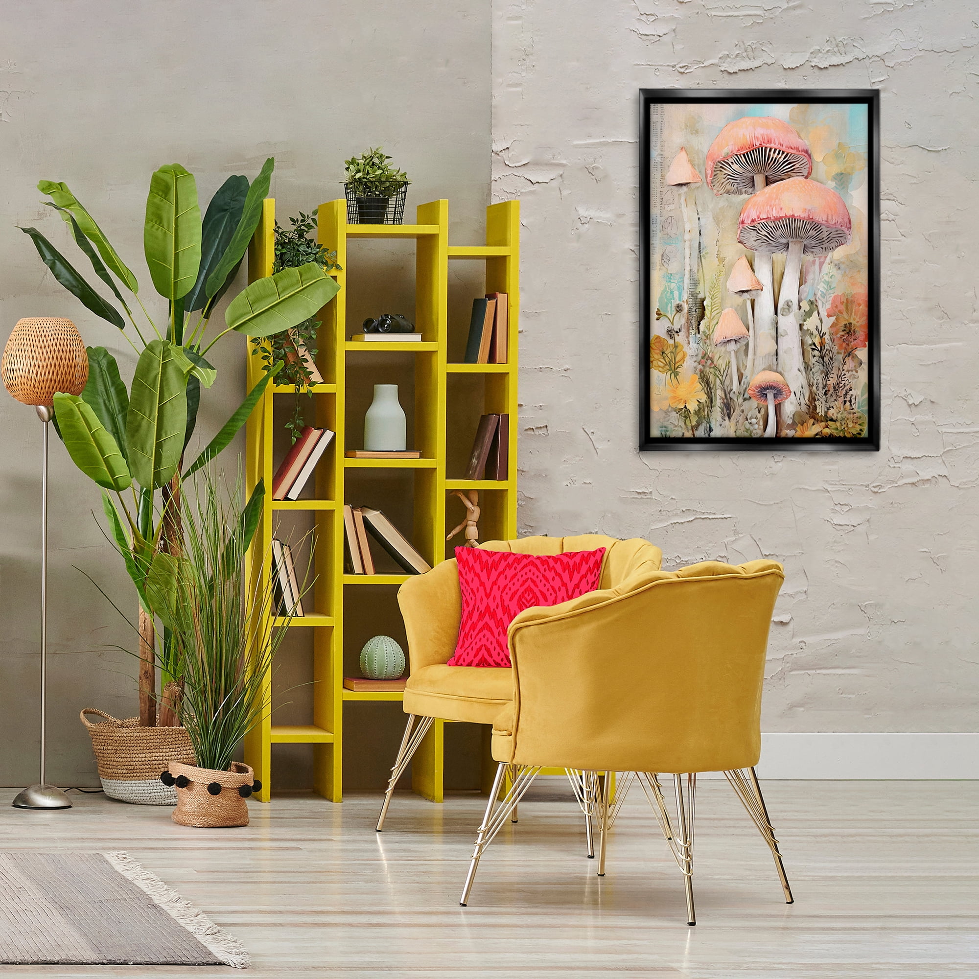 Stupell Industries Soft Collaged Mushrooms Plants & Flowers Painting Black Floater Framed Canvas Art Print Wall Art, 21 x 31