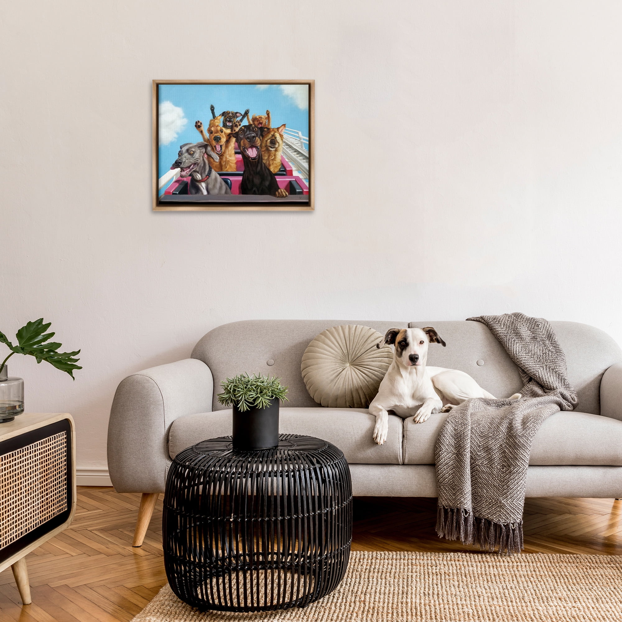 Stupell Industries Dogs Riding Roller Coaster Animals & Insects Painting Brown Floater Framed Canvas Art Print Wall Art, 31 x 25