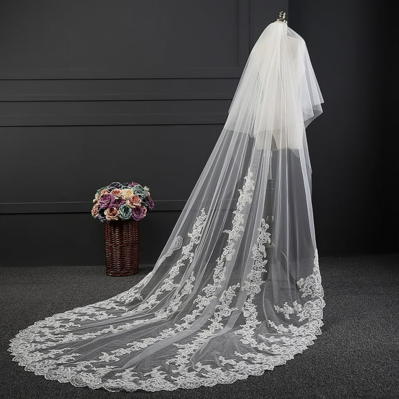 EllieWely 2 Tier Cathedral Length 3 M(118 inch) Lace Wedding Bridal Veil With Metal Comb White
