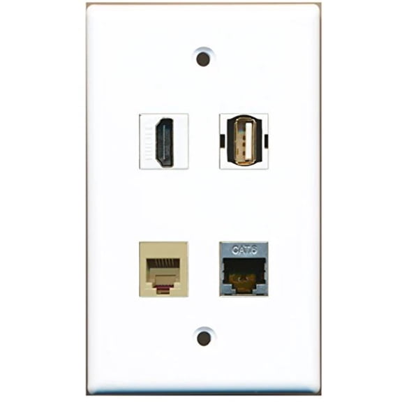 RiteAV - 1 Port HDMI 1 Port USB A-A 1 Port Phone RJ11 RJ12 Beige 1 Port Shielded Cat6 Ethernet Wall Plate