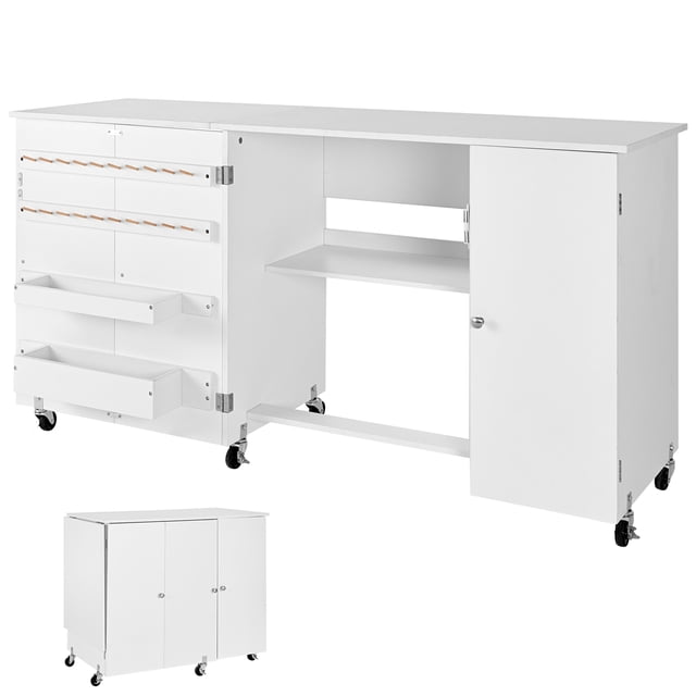 KFFKFF Table de Couture Pliante, Table de Machine à Coudre Polyvalente avec Armoire, Design Compact, Roulettes, Chevilles en Bois, Plateaux de Rangement et Tablette, Blanc