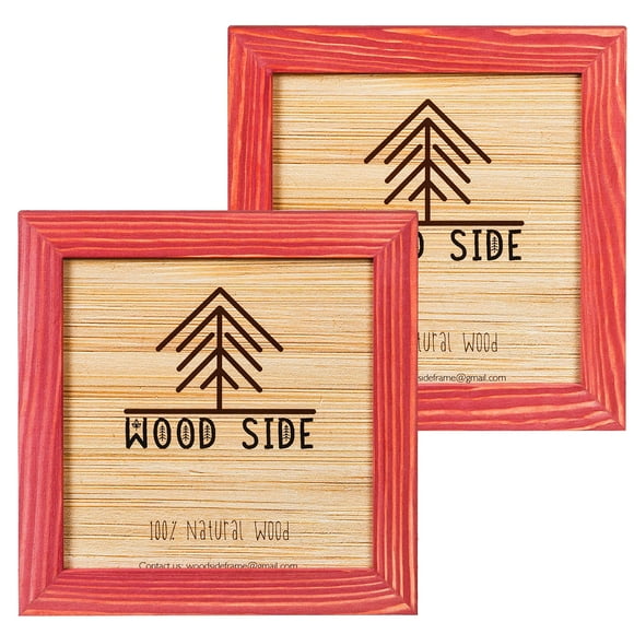 Cadres Photo Carrés Rustiques en Bois 8x8 - Ensemble de 2 - Bois Massif Éco 100 % Naturel avec Vrai Verre pour Montage Mural et Cadre Photo de Table - Rouge