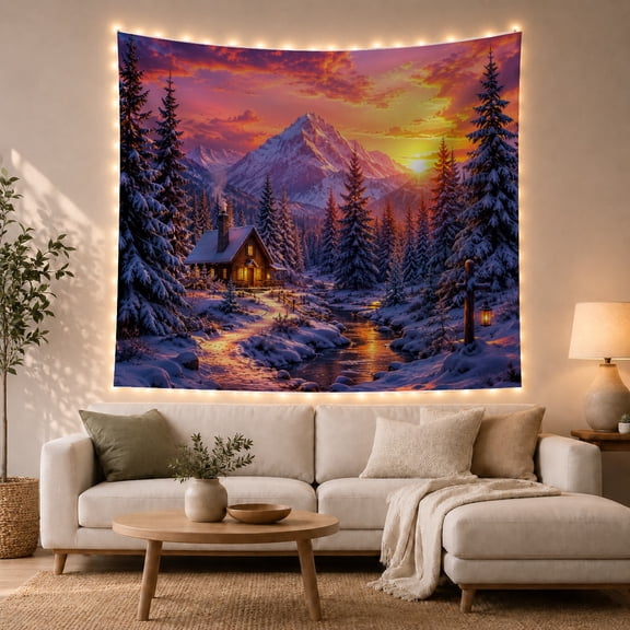 Snowy Cabin on a Stream with Snow-Capped Mountains at Sunset Serene Rustic for Nature Lovers Winter Cabin Art Decor Christmas Gift Tapestry Wall Hanging for Living Room and Bedroom