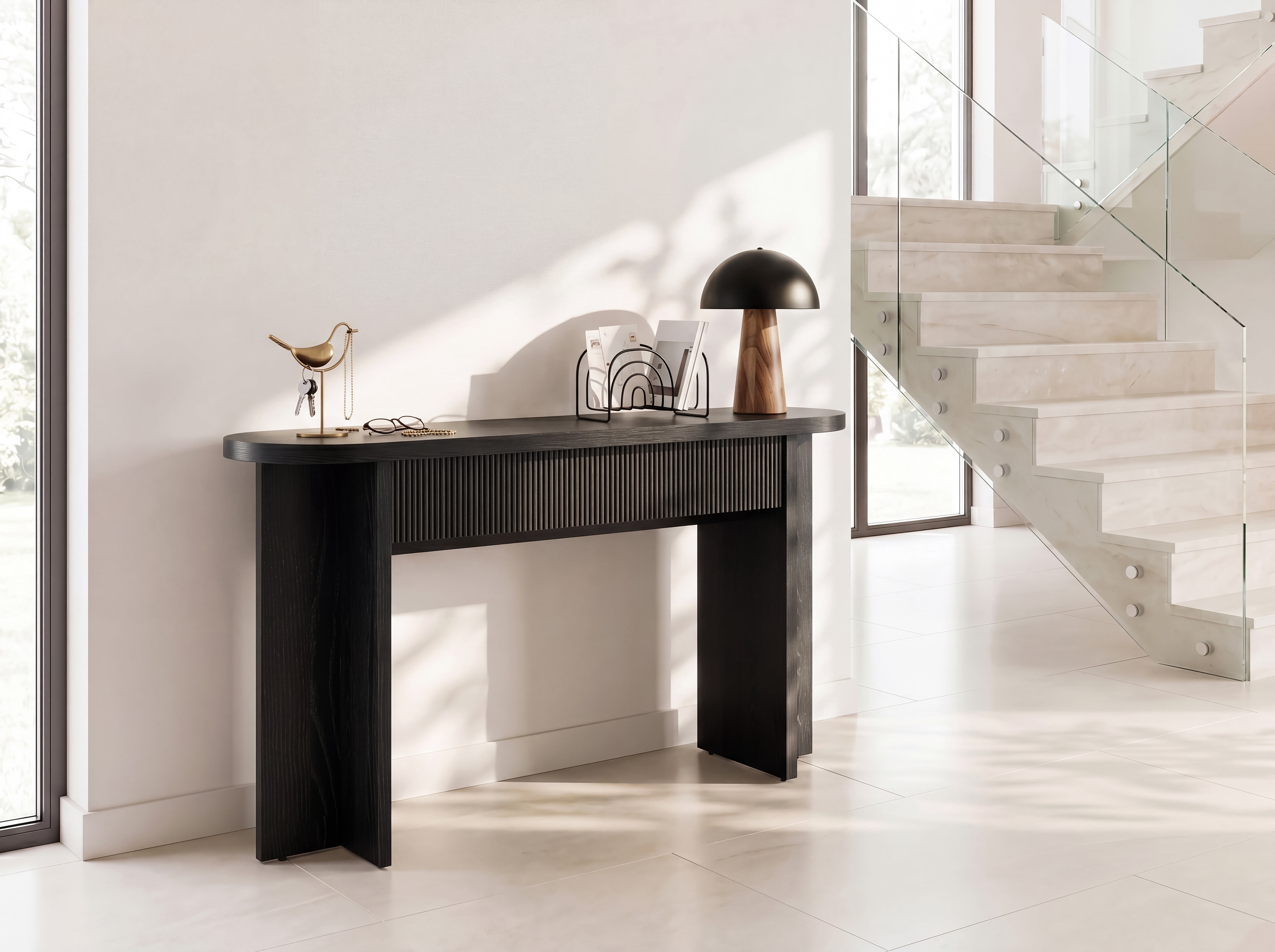 Mintazer 55" Fluted Console Table with 2 Drawers, Modern Entryway Tables with Storage, Sofa Table for Entryway Hallway Living Room, Black