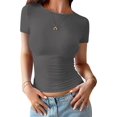 thumbnail image 3 of Womens Basic T Shirts Summer Short Sleeve Crewneck Slim Fit Cute Crop Tops Dark Gray S, 3 of 7
