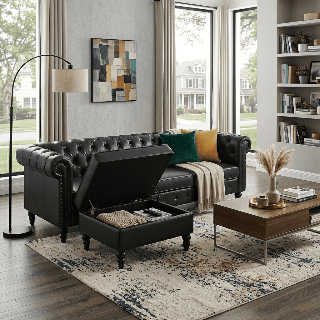 Howcool 85"W Chesterfield Sectional Sofa with Storage Ottoman,L-Shaped Faux Leather Sofa Couch,4-Seater Modular Sofa with Tufted Back & Nailhead Trim for Living Room,Black