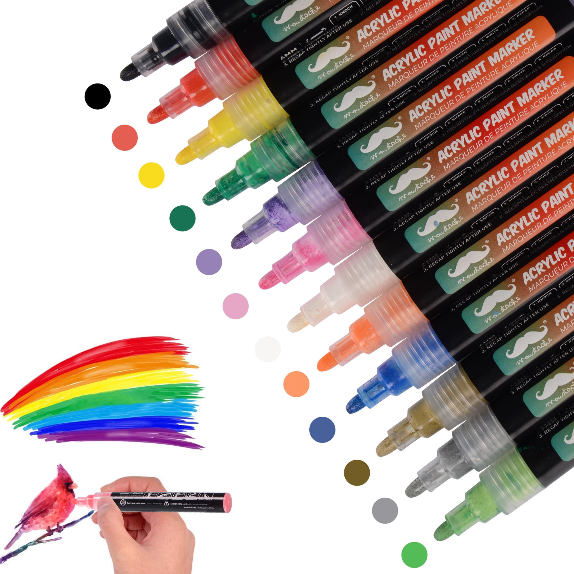 Acrylic Paint Marker Pens, Reversible Tip, 12 Assorted Colors/Pack