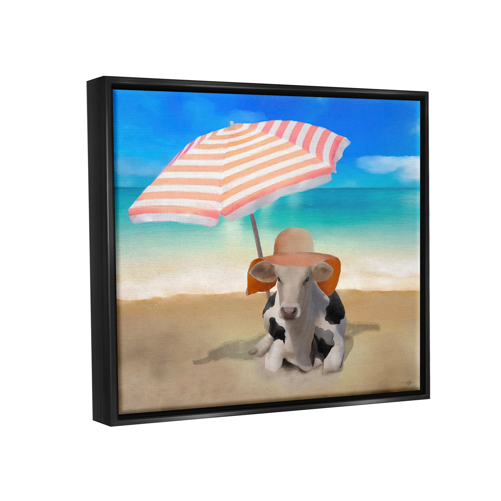 Stupell Lounging Cow Summer Beach Shore Animals & Insects Painting Black Floater Framed Art Print Wall Art