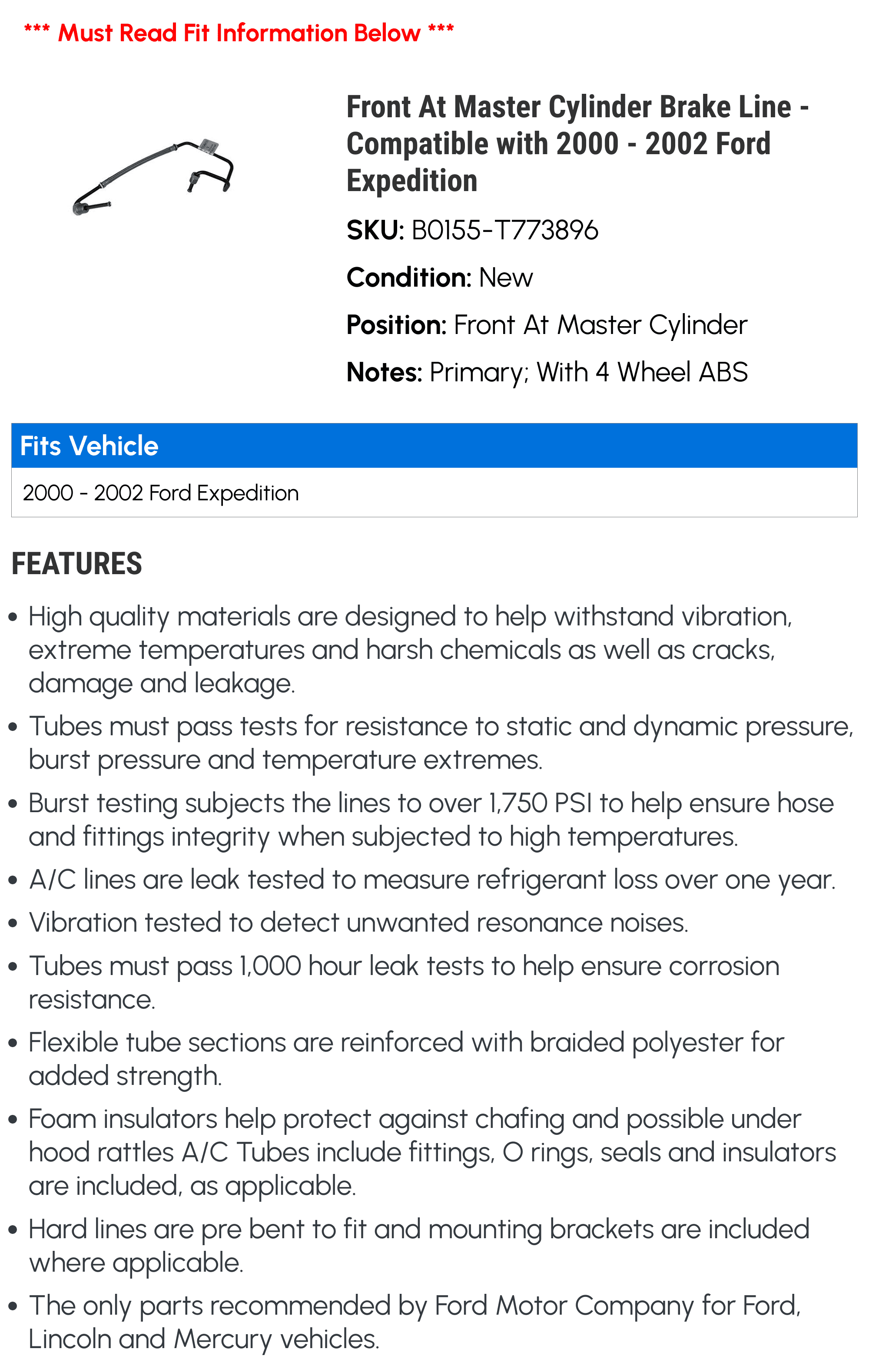 Front At Master Cylinder Brake Line - Compatible with 2000 - 2002 Ford Expedition 2001