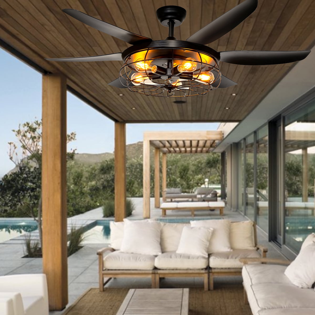Ohniyou 52" Caged Outdoor Ceiling Fan with Light and Remote Farmhouse Rustic Black Ceiling Fans for Patio Home Kitchen Bedroom