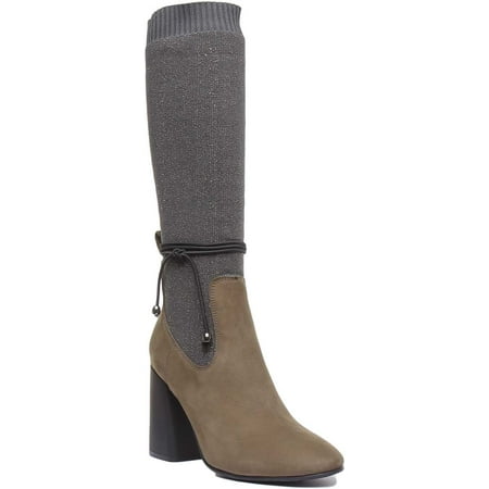 

JUSTINREESS Holly Women s Block Heel Nubuck Leather Boot With Sock In Olive Size 8