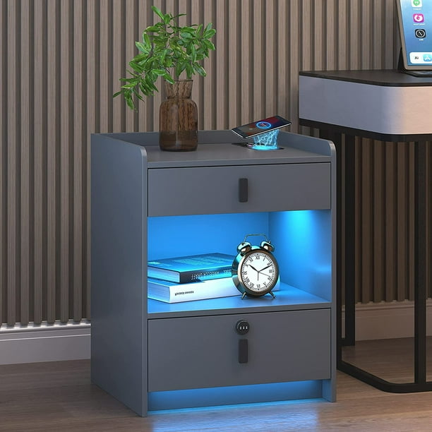 LED nightstand with wireless charging station, side table with 2