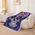 thumbnail image 2 of Sugar Skull Throw Blanket,Goth Skeleton Bones Sherpa Blanket Throw 50"X60",Gothic Bohemian Floral Fleece Blanket,Halloween Horror Theme Flannel Blanket Teens Bedroom,Purple, 2 of 6