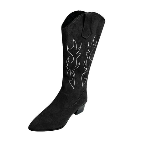 

iOPQO Women s Mid-Calf Boots Boots High Retro Zipper Women s Chunky Fashion Breathable Short Heels Shoes Women s Boots Shoes Embroidered Pointed Black 41
