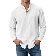 vdgthytj Mens Button down Shirts Long Sleeve Crewneck Lightweight Cotton Linen Classic Business Casual Tops(X-Small,White)