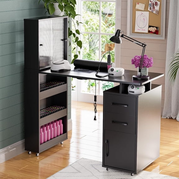 Manicure Table Nail Desk w/Glass Door Storage Cabinets & Wrist Rest, Beauty Salon Workstation, Acetone Resistant, with Dust Collector (Black)
