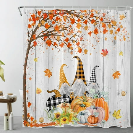 HVEST Fall Gnome Shower Curtain for Bathroom Thanksgiving Harvest Pumpkin Sunflower and Autumn Maple Leaf Bathroom Shower Curtains with Hooks, Farmhouse Vintage Bathroom Curtains Shower Set 72x78 inch