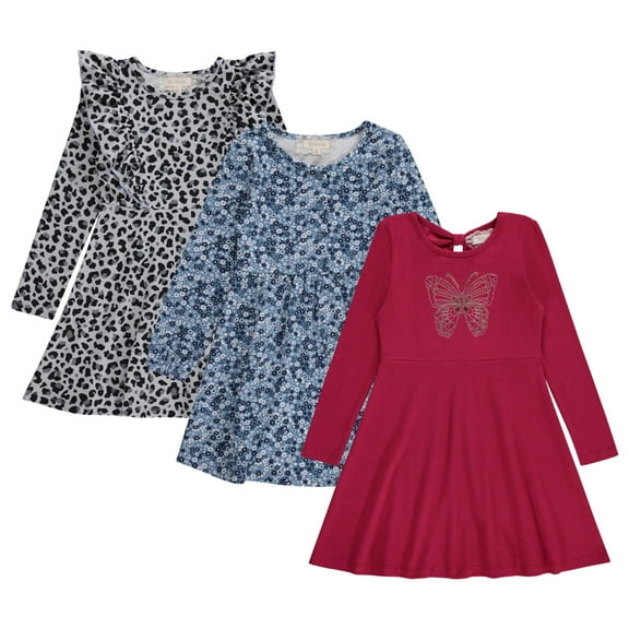 BTween Girls Long Sleeve Dresses, 3 Pack Soft Cotton Casual Dresses for Kids Ceris, Size 7/8