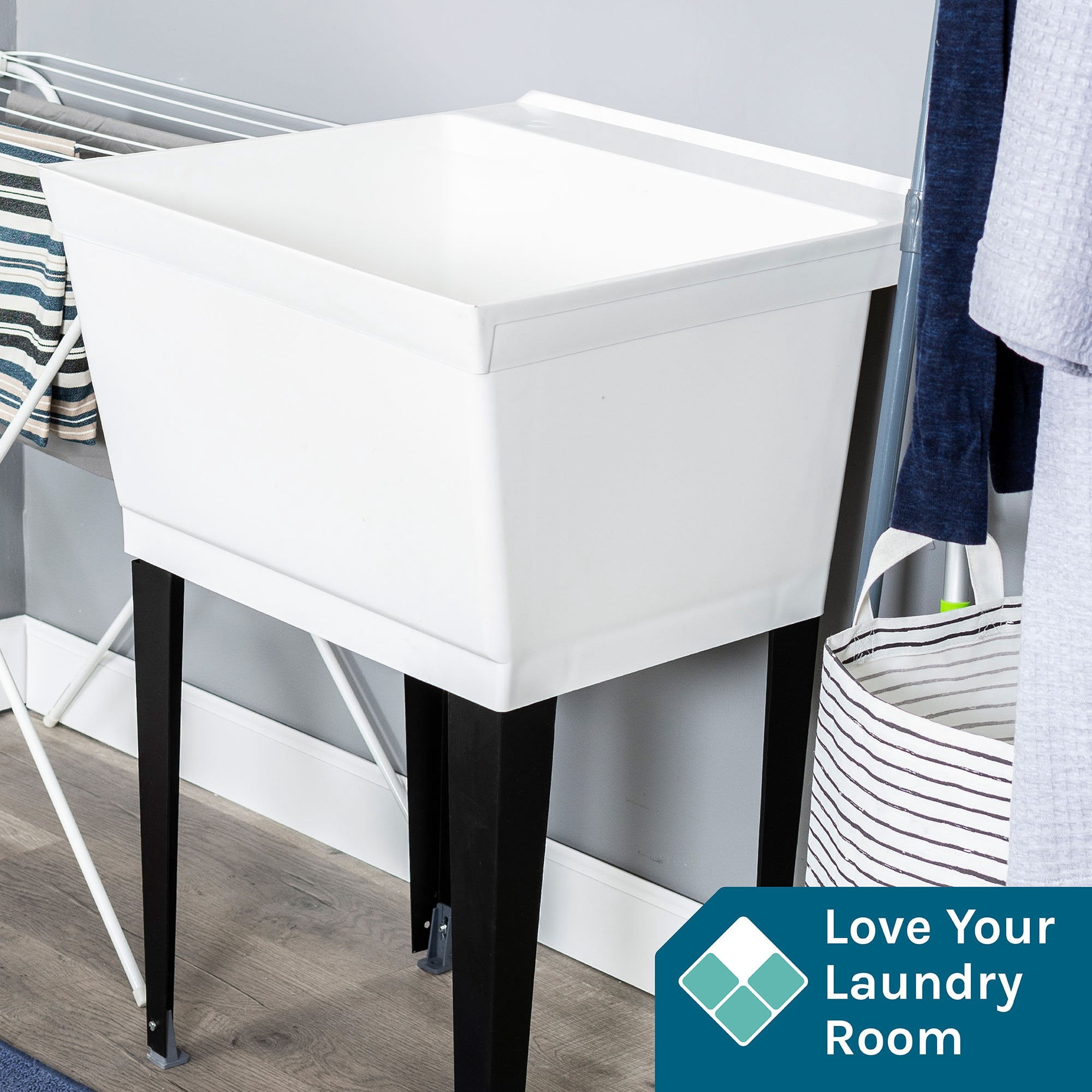 Tehila 19 Gallon White Utility Sink with Black Legs and P-Trap for Laundry Room, Basement, Garage