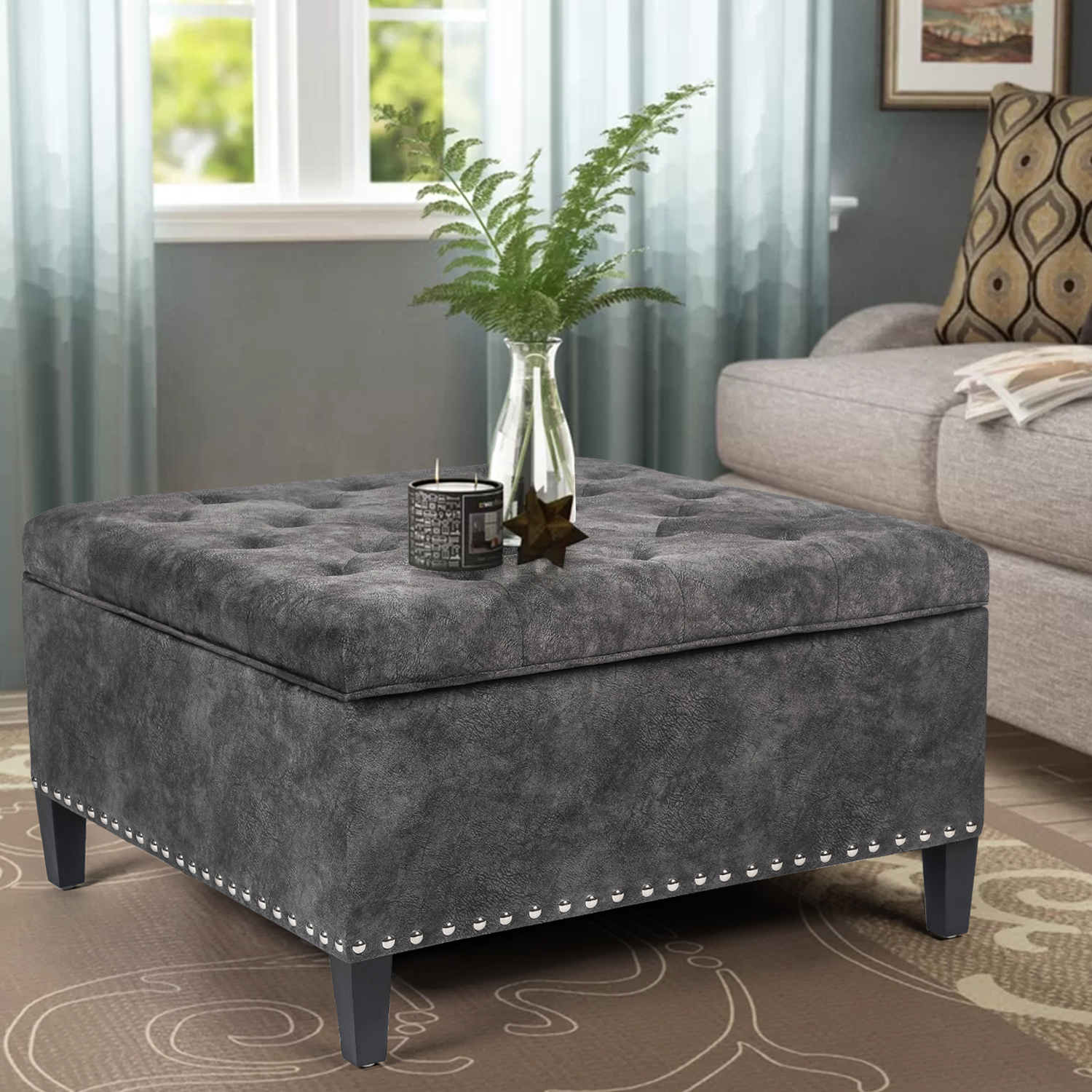 Homebeez Square Storage Ottoman Bench, Tufted Upholstered Coffee Table