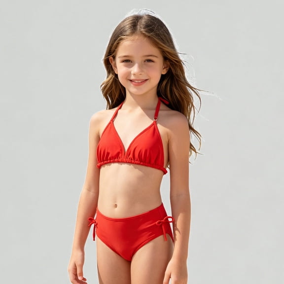 Xijirk Girls' Solid Two-Piece Bikini Set Halter Triangle Top & Side-Tie Bottom for Summer Beach,10-11 Years