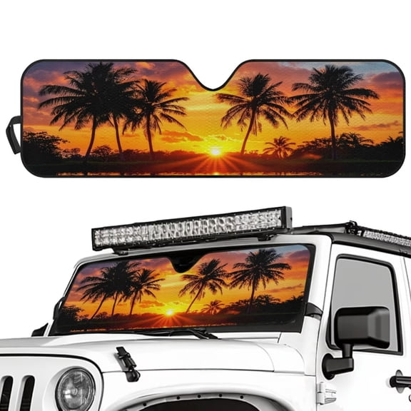 Uorisanigo Windshield Sun Shade Compatible with Wrangler JK JKU TJ 1997-2018 Summer Sunset Palm Tree Front Window Sunshade Prevent Dashboard Fades and Cracks
