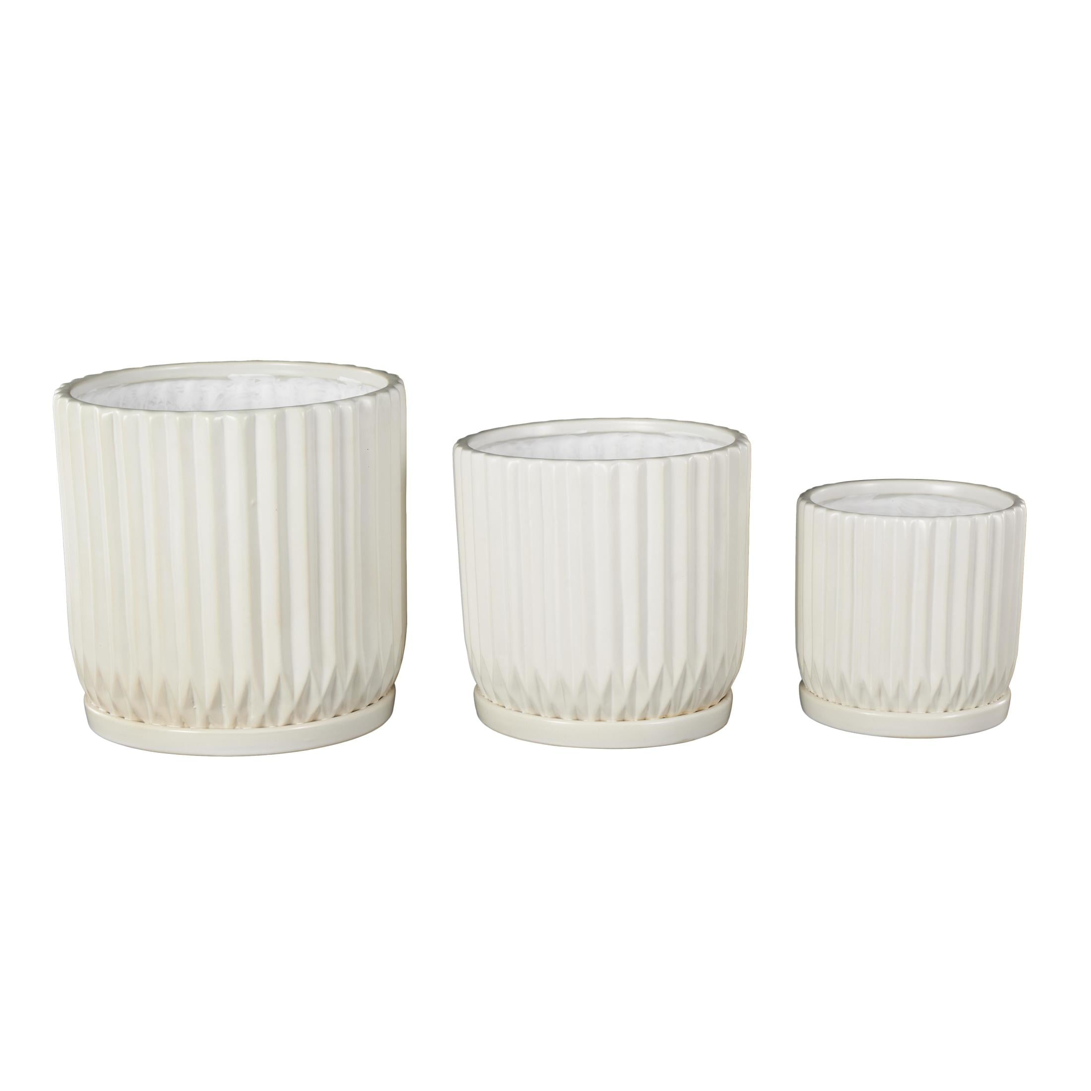 DecMode 8",7",5"H Ribbed White Ceramic Planter with Attached Saucer (3 Count)