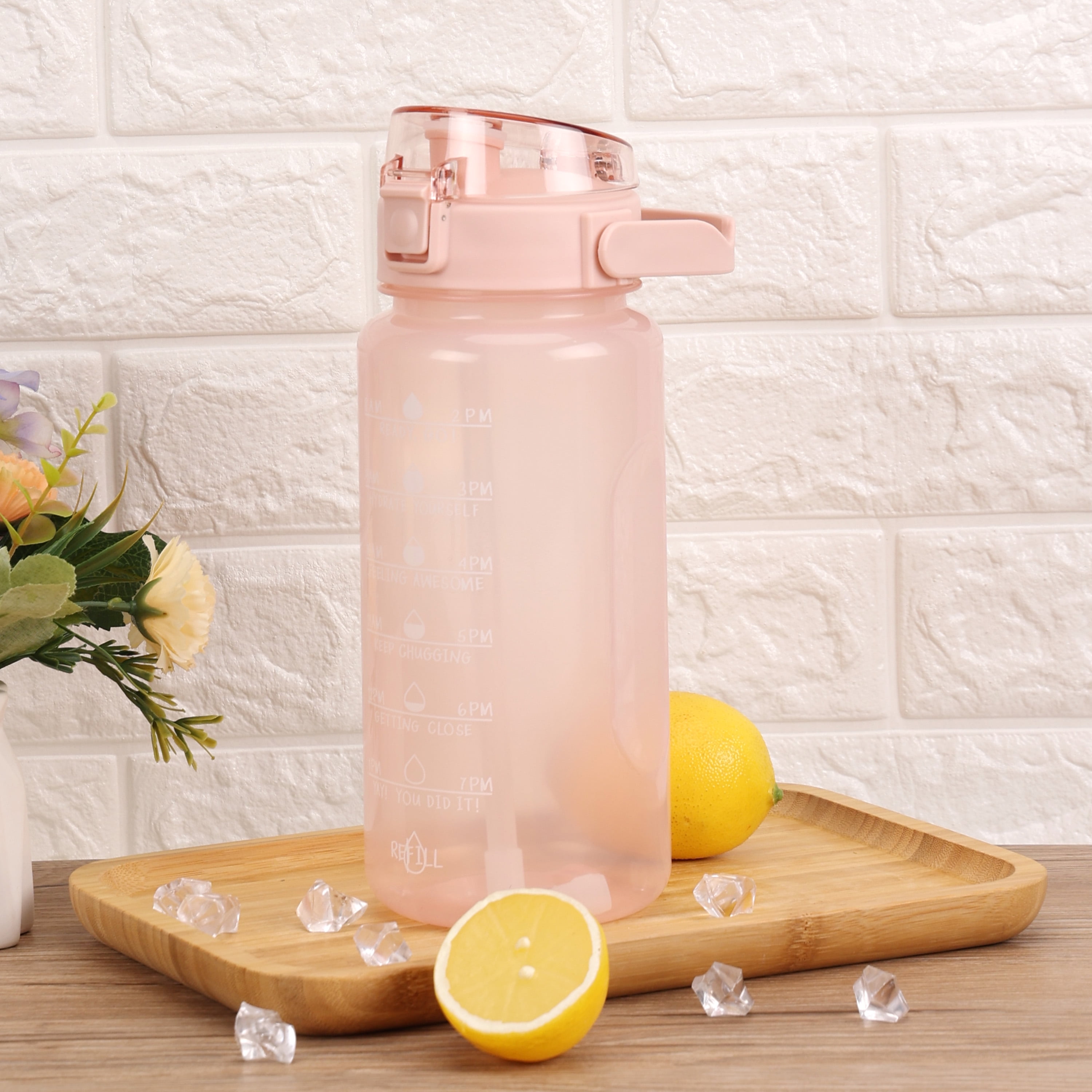 Mainstays 48 Ounce Plastic Water Bottle with Milestone Markings, Pink