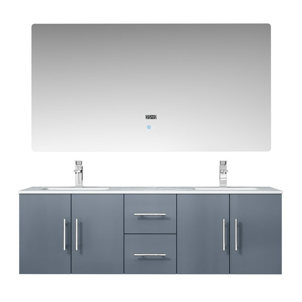 Lexora 60 Dark Grey Double Vanity White Carrara Marble Top Square Sinks And Led Mirror Com Double Vanity White Carrara Marble Top, Wall Mirror For 60 Inch Vanity Top