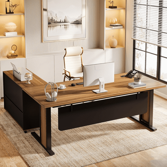 Tribesigns 63" Large Executive Desk L Shaped Computer Desk with File Storage Cabinet, Computer Desk with Mobile Cabinet for Home Office