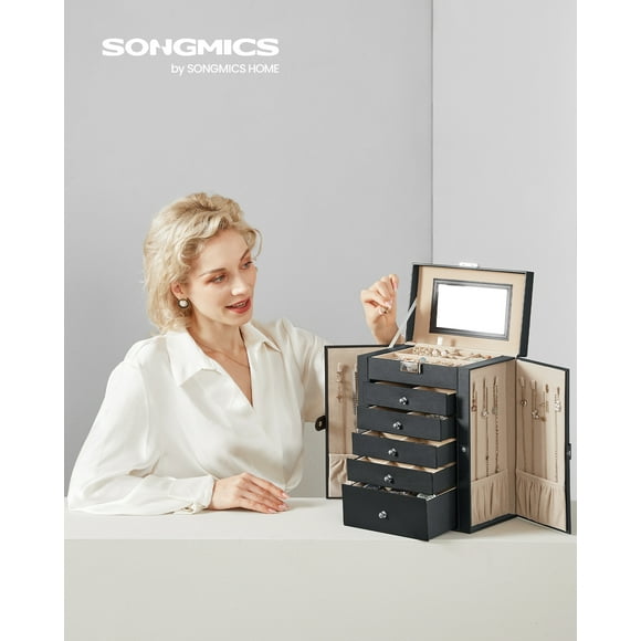 SONGMICS - Joyero de 6 niveles con 5 cajones, gran capacidad de almacenamiento, con espejo, bloqueable, organizador de almacenamiento de joyas, regalo para seres queridos, para relojes, color negro