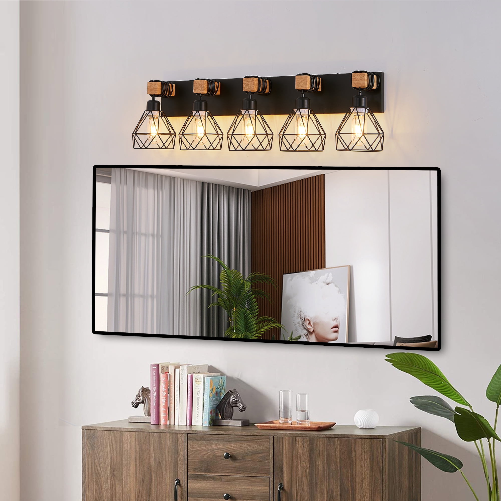 Leumius Modern Geometric 5-Light Vanity Light Fixture with Black Metal, Wooden Accents and Cage Lampshade for Bathroom, Bedroom, or Living Room (Bulb Not Included)