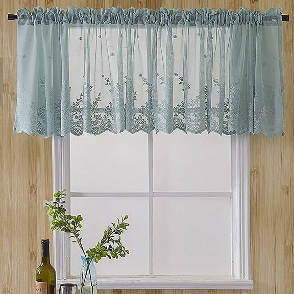 XmhyTop Lace Sheer Kitchen Cafe Curtain Valance Floral Embroidered Rod Pocket Short Curtain for Small Window 1 Piece (51" x 16", Blue)