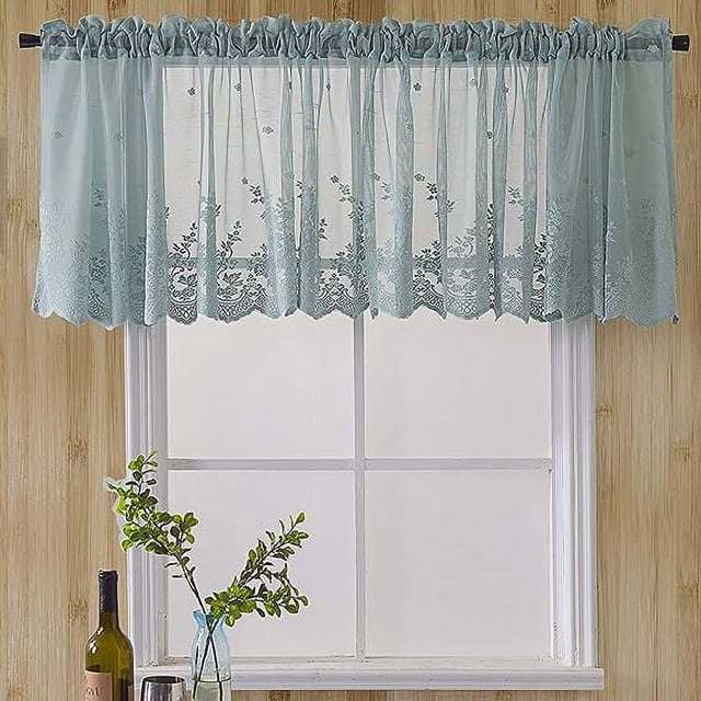Granjero Gordo Cortina transparente de encaje con bordado floral, para ventana pequeña, corta, 1 pieza (130 x 40 cm, azul)