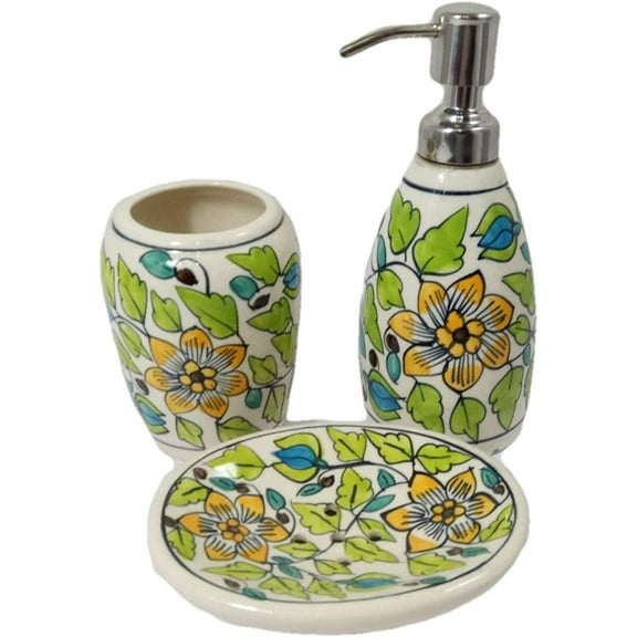 India Meets India Handicraft Ceramic Bathroom Accessories Set-Soap Dish, Liquid Dispenser, Toothbrush Holder Set, Best Gifting, Made by Awarded- Indian Artisan