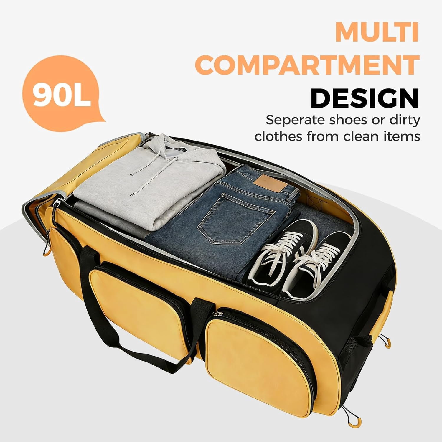 90L Rolling Duffle Bag with Wheels and Handle, 31" Large Duffle Bag for Travel, Carry  Luggage Duffel Bag with Shoe Compartment, Multi-Pocket, Water Resistant, Yellow